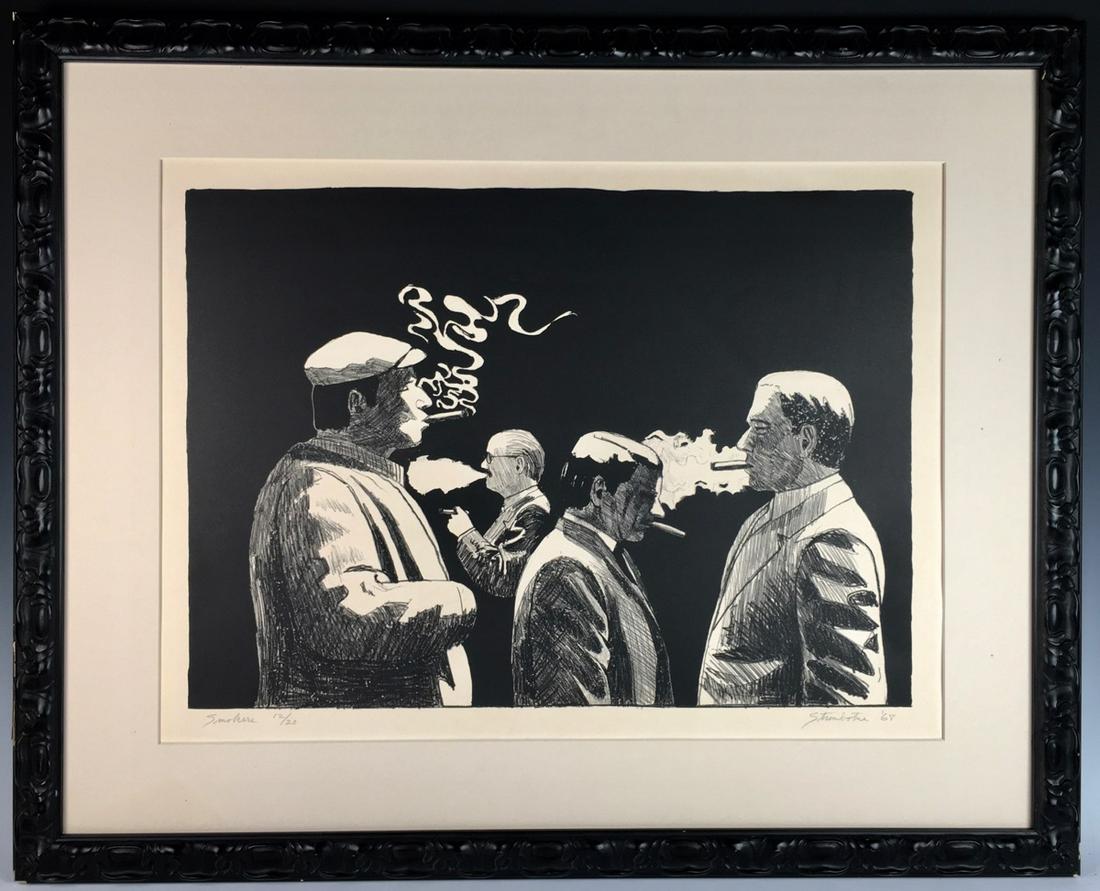 "The Smokers" by James Strombotne: Circa 1968, limited edition 12/20, another example displayed at the Norton Simon Museum, good condition, glass removed, 20" x 26" (50.8cm x 66.0cm), 16.5" x 23.25" (41.9cm x 59.1cm) with frame