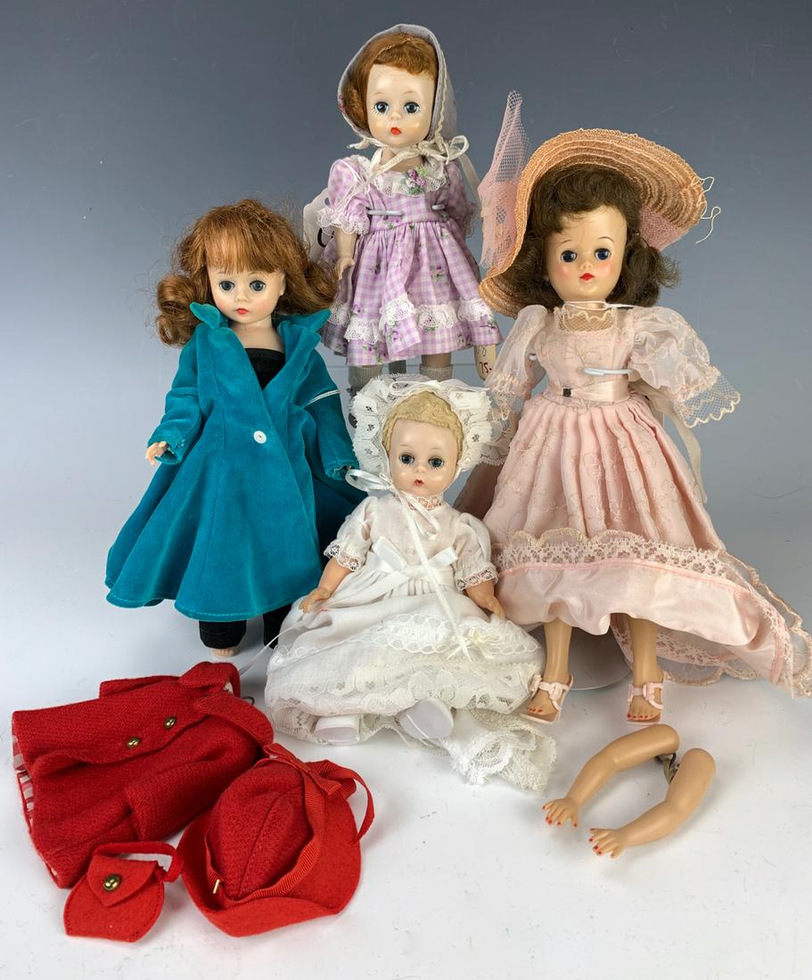 Lot 4 Vintage Dolls & Small 3pc Vintage Outfit: 10" Vogue Jill, 9" Madame Alexander, two 7.5" Alexanderkins, very good condition