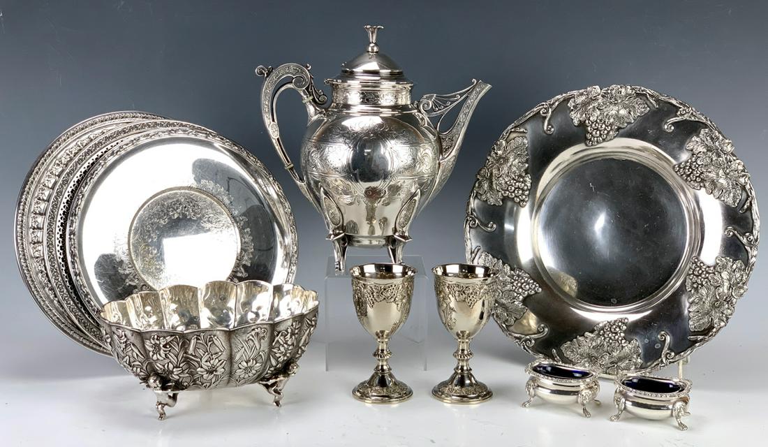 Group of Assorted Silverplate: Included is a teapot, ornate oval bowl, 4 plates, 2 wine cups and 2 silverplate salts with cobalt liners, 10 pieces, good condition, 12" diameter largest