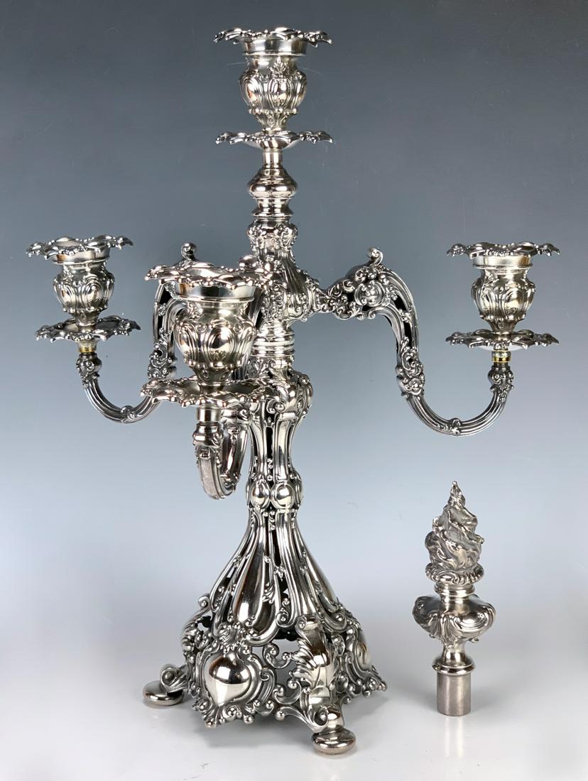 Reed & Barton Ornate Silverplate 4 Arm Candelabra: Beautiful 4 arm single candelabra by Reed & Barton, comes with it's original flame snuffer, very good condition, 21.5" height