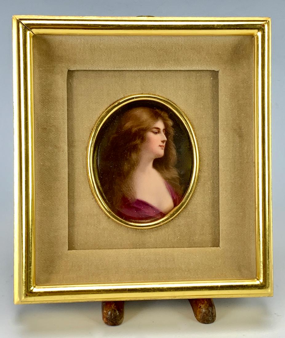 Painting on Porcelain of a Beauty after Wagner: Small hand painted portrait of a German beauty mounted in a velvet matted gilt frame, after Wagner, very good condition, 3" x 2.5", 7" x 6.25" with frame