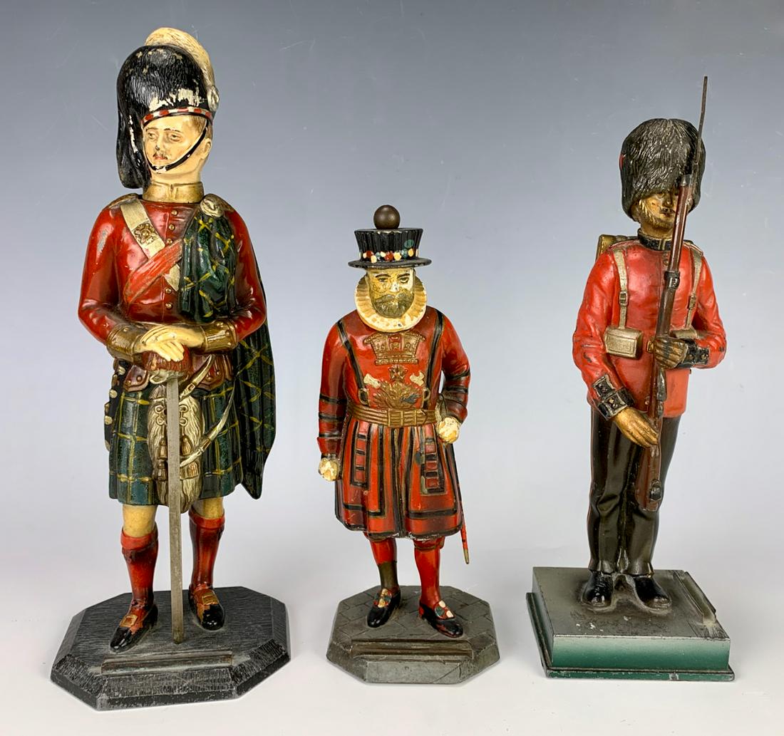 3 Cold Painted Lighters, Beefeater & 2 Guards: Lot includes 3 vintage cold painted cigar lighters a beefeater, British guard and a Scottish guard, all good condition, Scottish guard having a very slight paint wear, 9.25" tallest