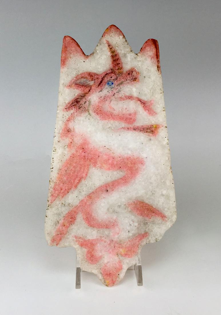 Henri Cros French Pate de Verre Dragon Plaque: French bas-relief glass pate de verre plaque by Henri Cros, having dragon in colors of pink against a white crystal like ground, most likely an experimental pate de verre plaque, not signed, very good