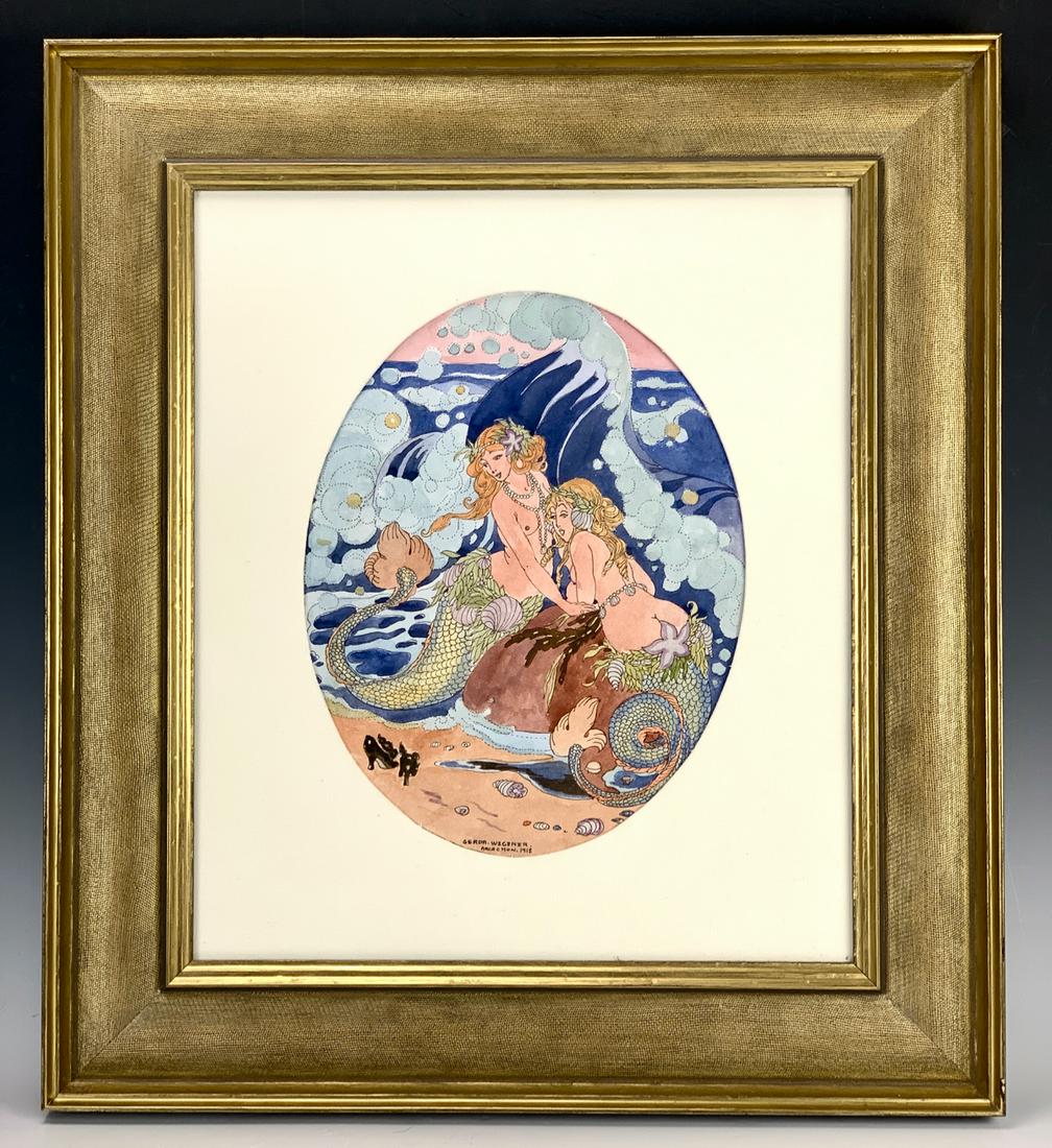 Sgd. Gerda Wegener Watercolor "Two Maidens": Dated 1918, oval watercolor on paper, signed on bottom center "Gerda Wegener, Arcacmon 1918", matted with textile mat and framed in a gilt textured frame, very good condition, 11.25" x 8.75", 21" x 19