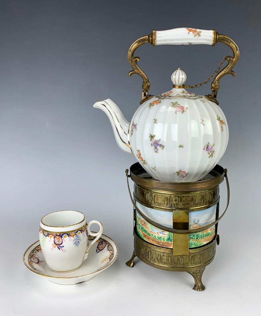 German Lithopane Tea Warmer & Teapot with Cup: Nice German tea warmer with colorful lithopanes, this lot includes a porcelain teapot, cup and saucer, good condition, 5.5" lithopane height