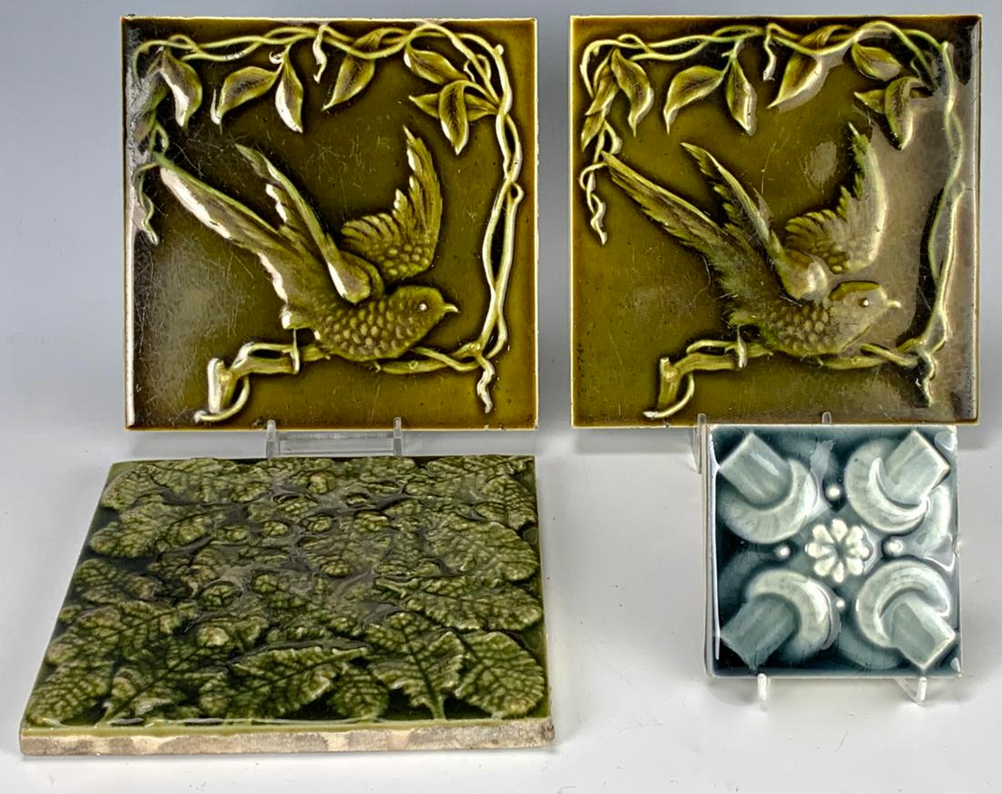 Group of 4 Vintage Tiles: Consisting of pair of bird tiles, one flower tile and one small mushroom tile, the three larger tiles are marked on bottom, good condition with a few minor edge nicks, 6" x 6" largest