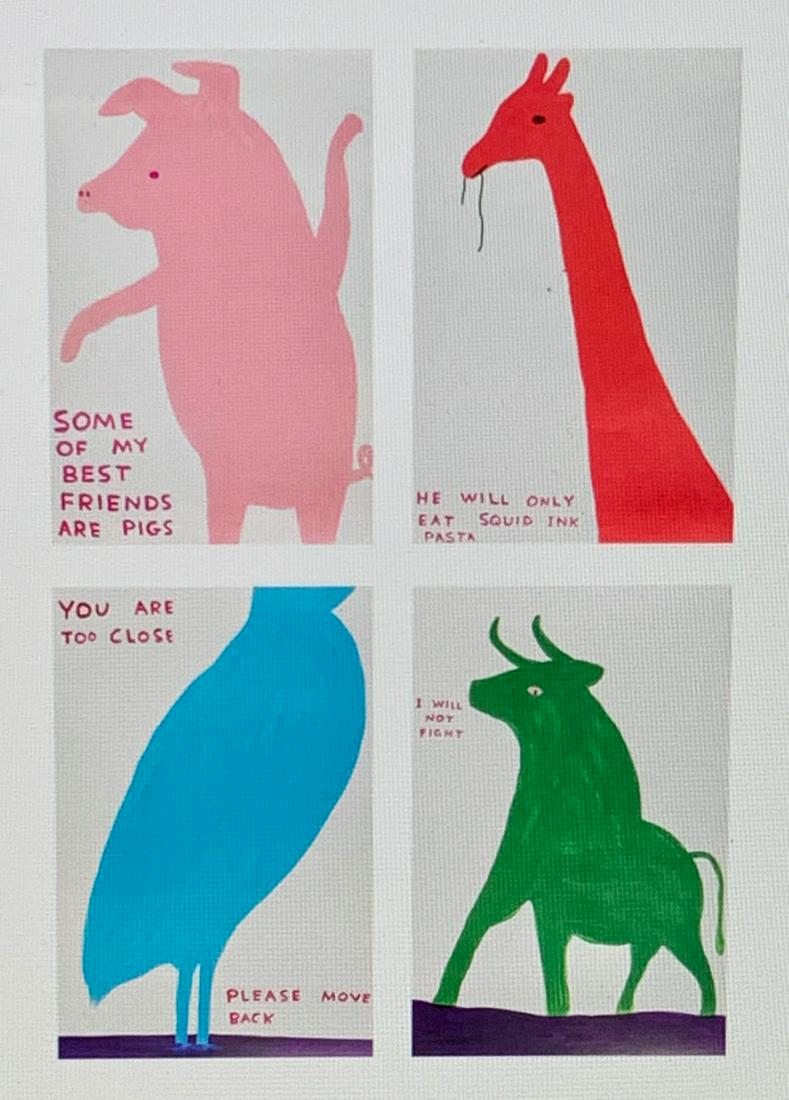 David Shrigley (Set of 4) "Animals" Lithographs: Medium, offset lithograph in colors, 2020 official exhibition posters, very good condition, art size 31.5" x 23.625"