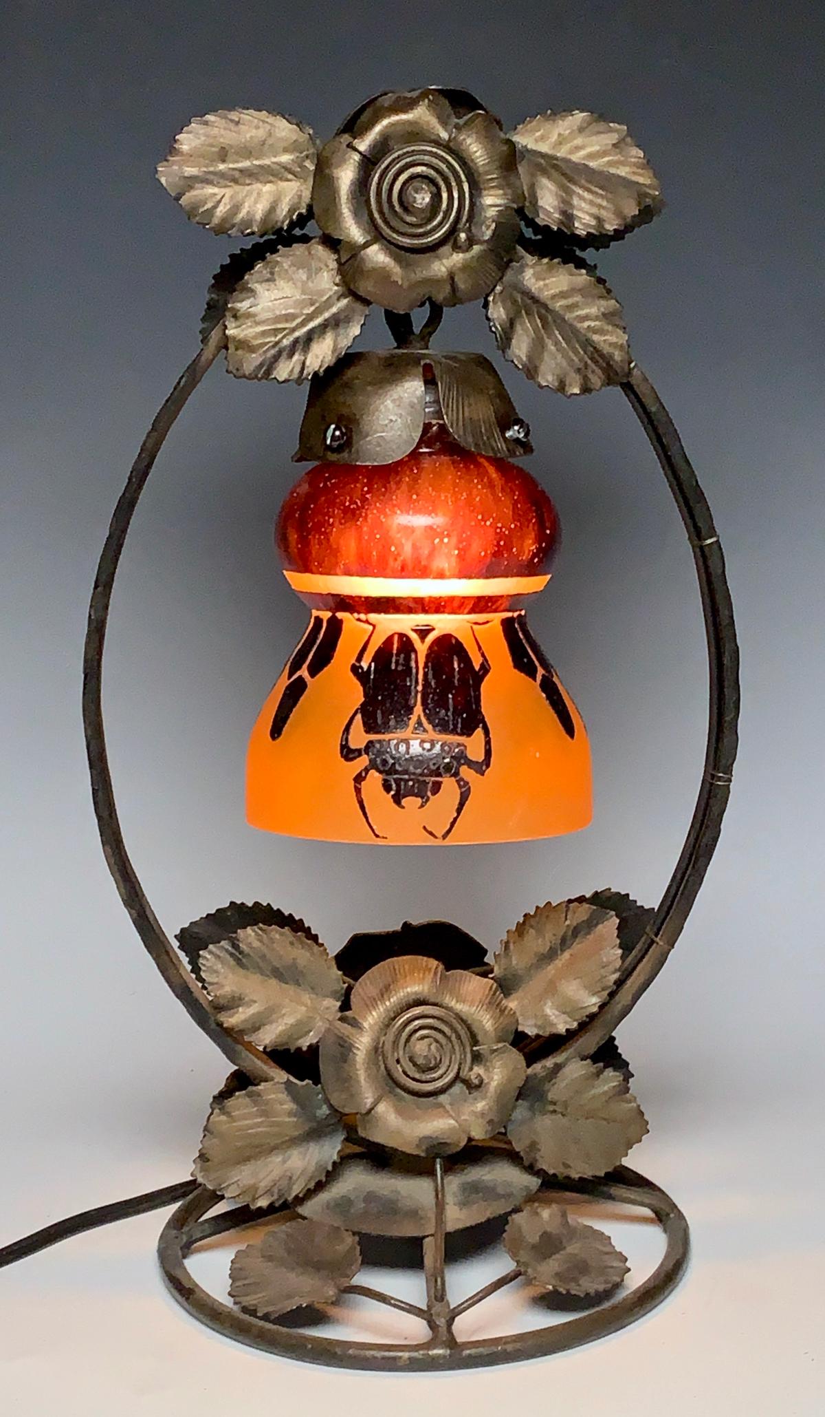 Signed LeVerre Francais "Scarab" Lamp C.1920: Wonderful LeVerre Francais scrarab cameo glass lamp shade, mounted into a wrought iron flower and leaf harp base, made in France in the 1920s, shade is signed with their candy cane mark, u-shaped crac