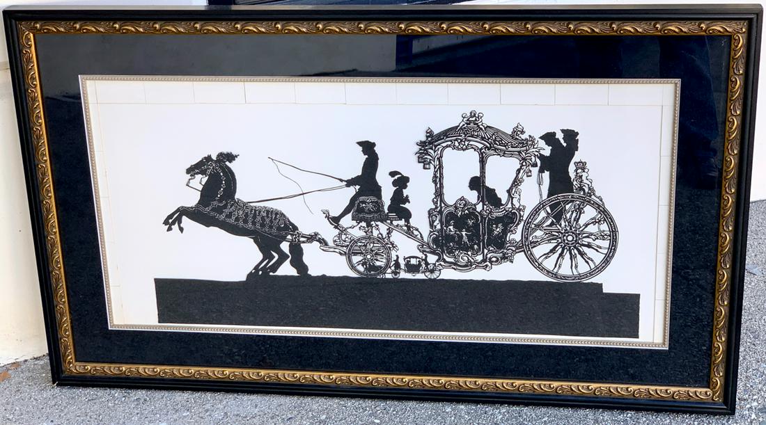 Very Large Antique Silhouette Coaching Scene: Circa 1900, an outstanding silhouette, finely detailed and rarely seen in this size, depicting an antique coach with a family of passengers and rearing horses and a small coach on the distant horizon,