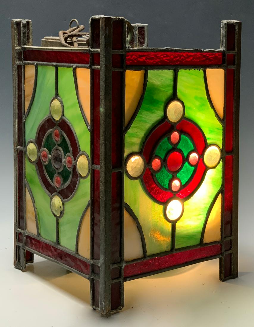 Antique Leaded Glass Entry Chandelier: Circa 1900, having a box shape with each side having green, caramel and red stained glass with jeweled centers, includes chain and cap for hanging, good condition, 15.25" x 10" *Electrical warning: wi
