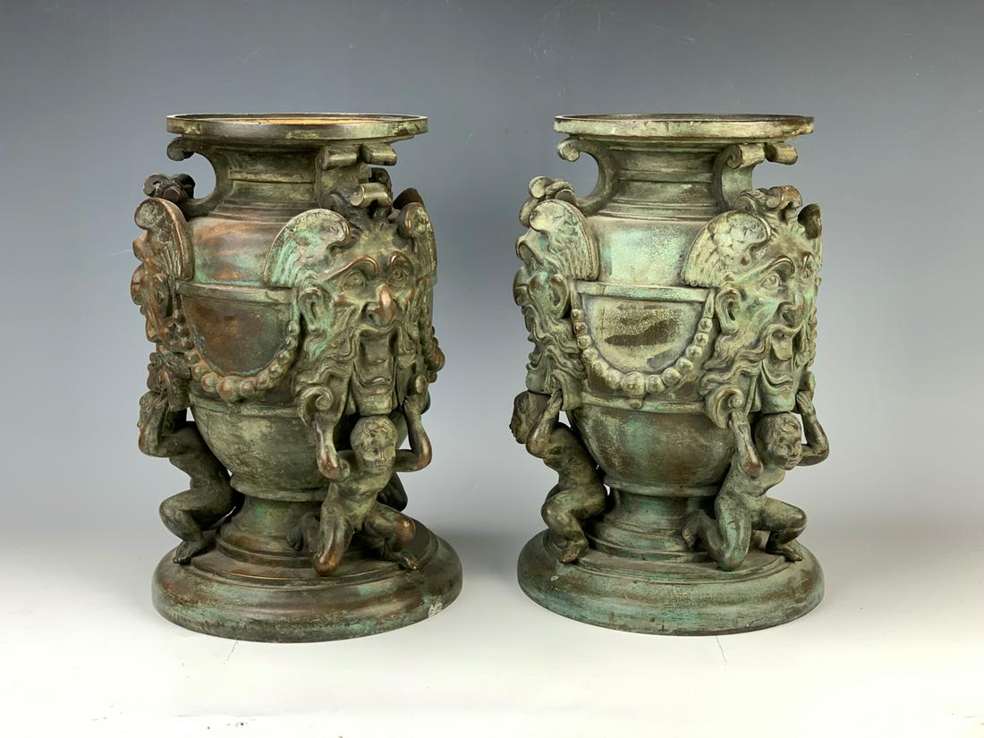 Pair Antique Patinated Bronze Grotesque Faces Urns (1 of 4)