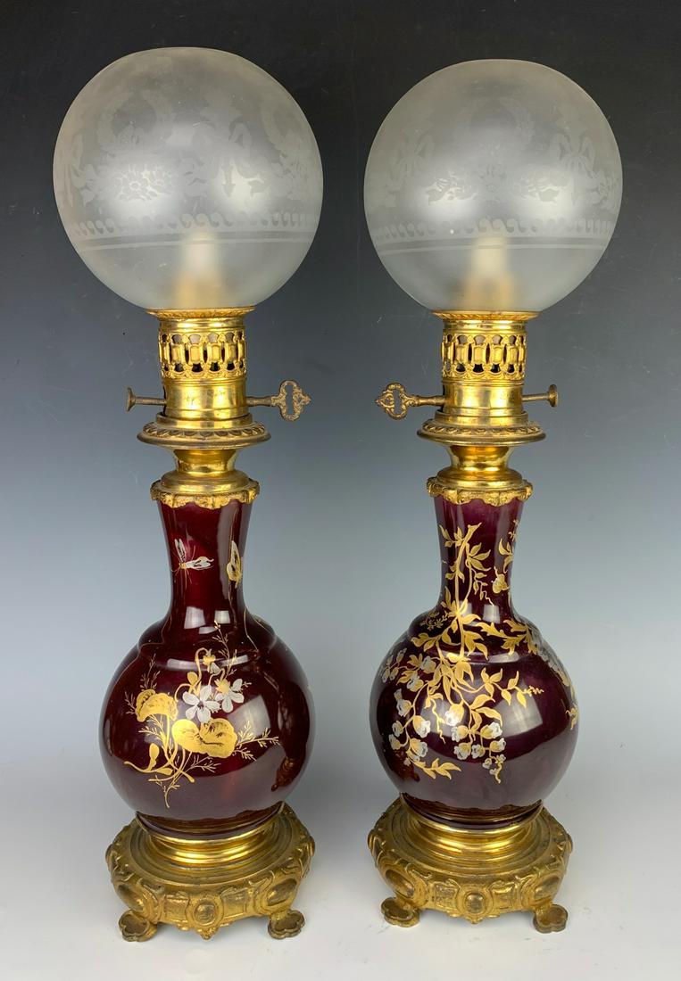 Pair Antique Porcelain & Bronze Oil Lamps (1 of 2)