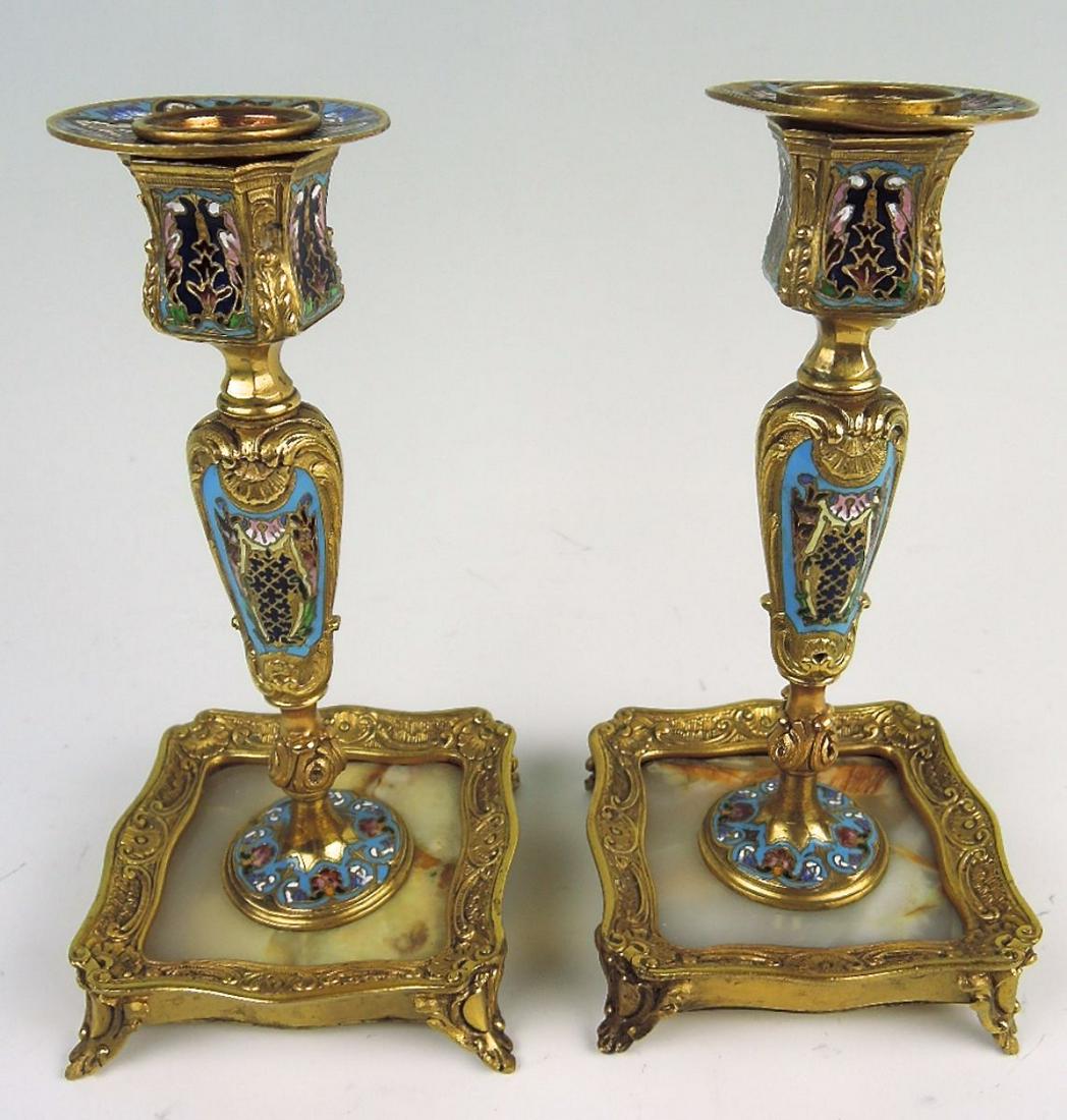 Pair of Champleve Enamel & Bronze Candlesticks (1 of 5)