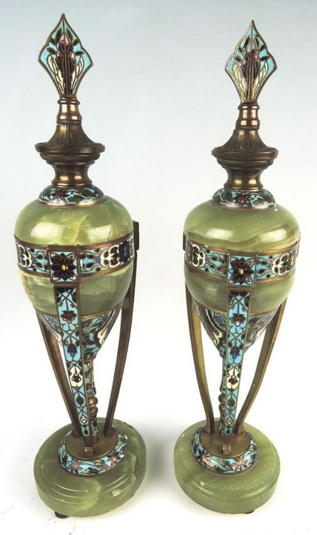 Pair French Champleve Enamel Bronze & Onyx Urns (1 of 2)