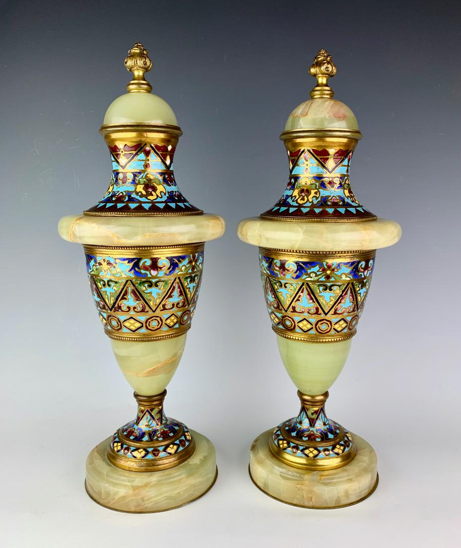 Pair of Bronze, Onyx and Champleve Enamel Urns (1 of 2)