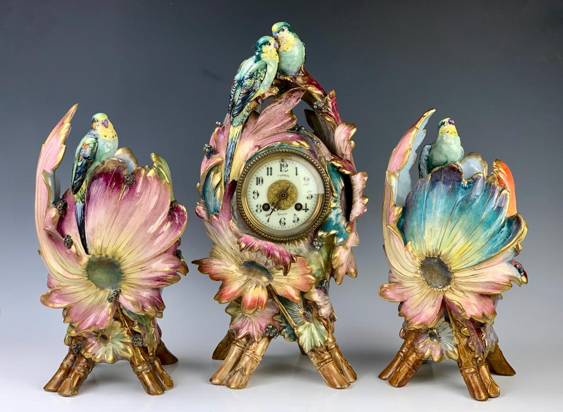Antique Ceramic "Parakeets" Clock Garniture (1 of 3)