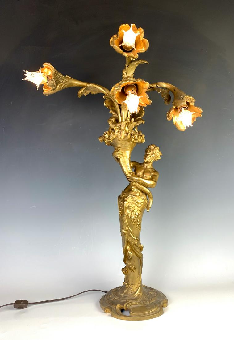 Satyr Gilt Bronze 4 Light Lamp Marked Linke (?) (1 of 4)