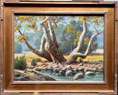 Paul Grimm "Sycamore Study" California Painting: Oil on board by California plein air artist Paul Grimm (1891-1976), scene of trees by a stream with mountains in the distance entitled on back "Sycamore Study Oak Park Santa Barbara Calif" and "Paul