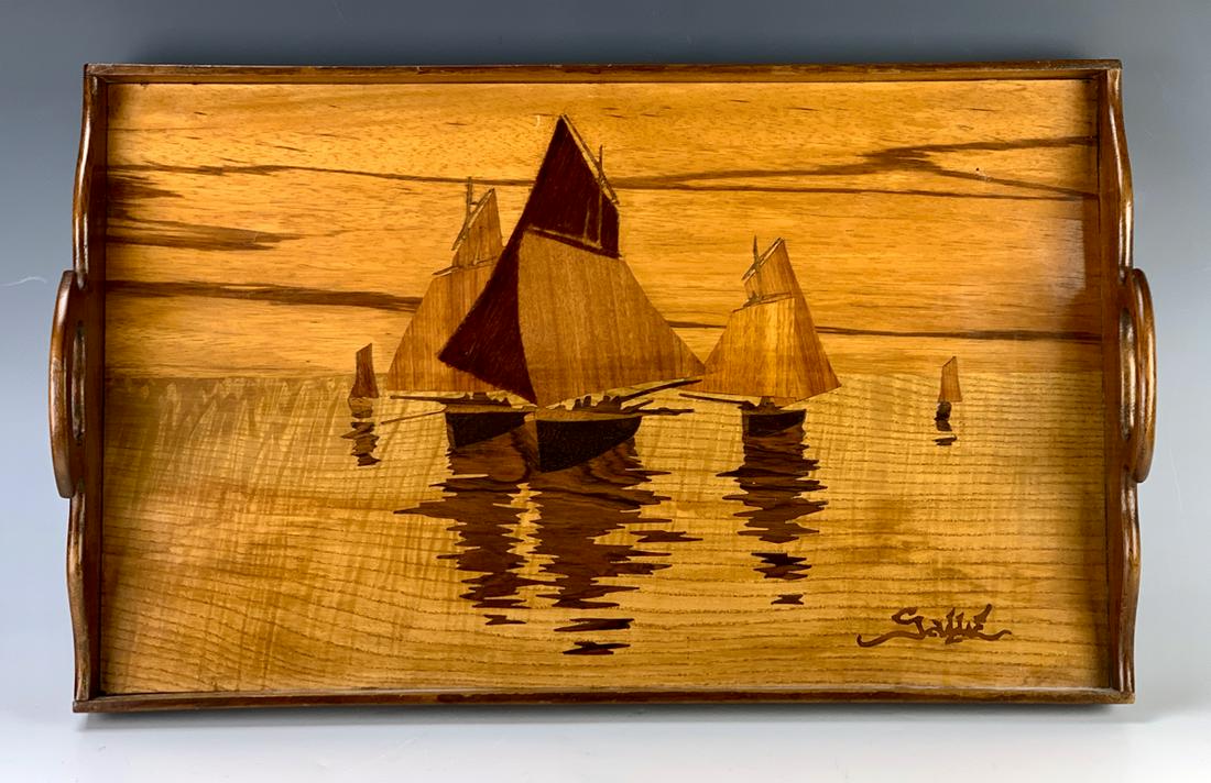Emile Galle Inlaid Wood Tray "Fishing Boats": Circa 1900, decorated with a scene of fishing boats, signed with inlay "Galle", very good condition, 20.5" x 12.5"