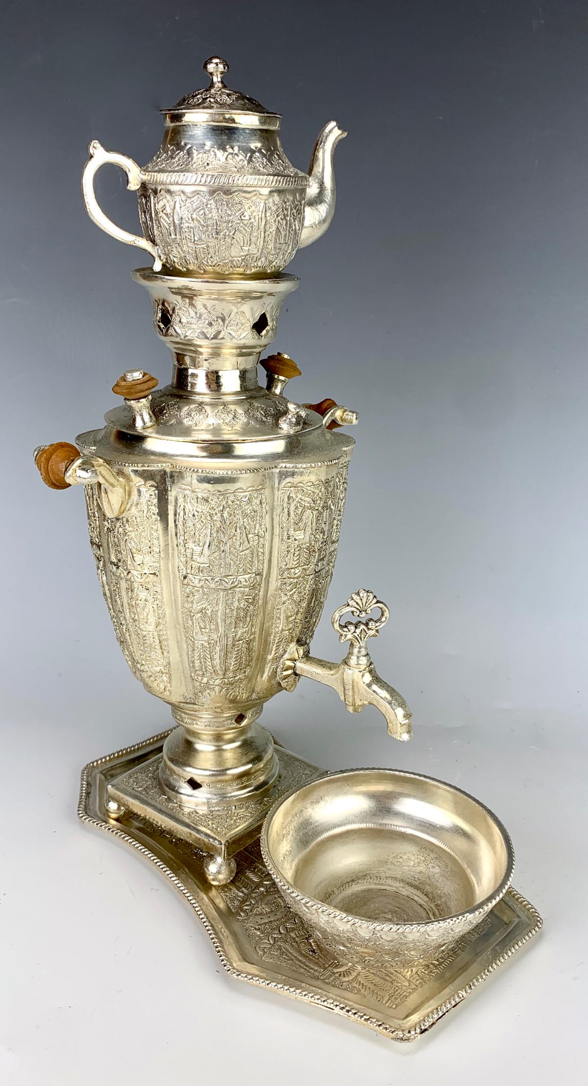 Small Silver Plate Persian Samavor Complete: Fine crafted silver small samavor in the Persian taste, complete with teapot, receptacle and tray, spurious mark 84, good condition, 12" largest