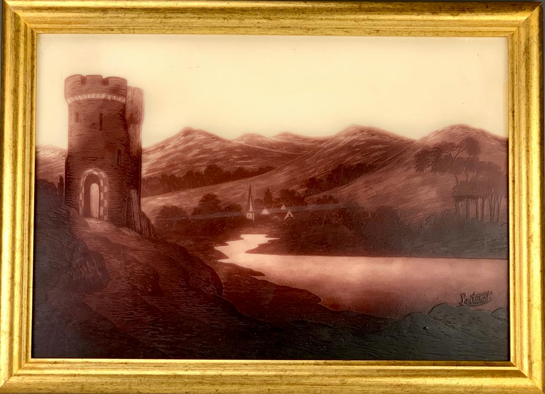 Signed Pertusot Cameo Glass Scenic Plaque C.1930: France, having a cameo glass scene in purples and white of a French castle, mountains and a river, signed on lower right "Pertusot", similar work by Jacques Gruber, very good condition, 10" x 14.5", 1