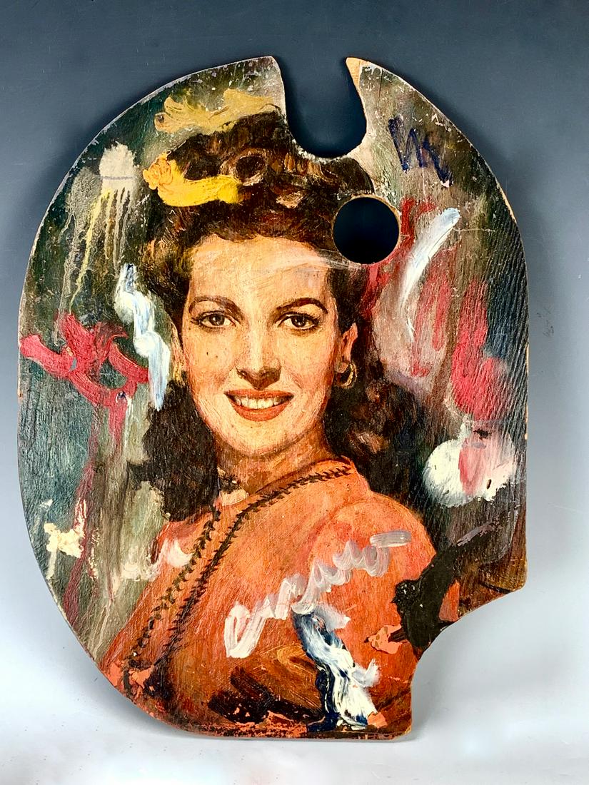 Pascal Cucaro Palette Painting of Maureen O'Hara: Early 20th century, as found at a Hollywood estate, a palette painted portrait of the actress Maureen O'Hara, by artist Pascal Cucaro (American 1915-2004), on reverse is a preliminary sketch by Cucaro