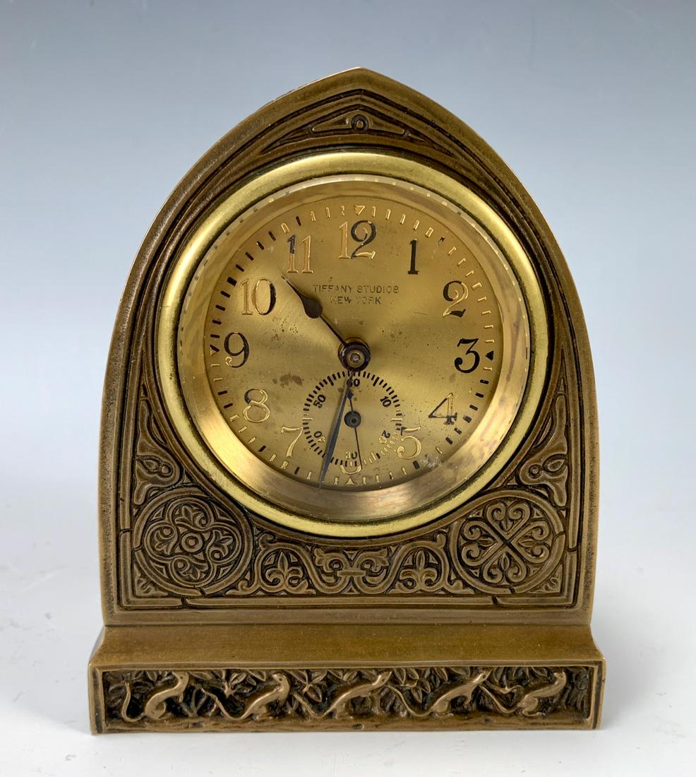 Tiffany Studios "Venetian" Bronze Clock #1851: Nice Tiffany Studios New York gilt bronze "Venetian" clock stamped "Tiffany Studios, New York 1851", comes with key, good condition, 5.75" x 4.5" *Clocks and watches are not guaranteed*