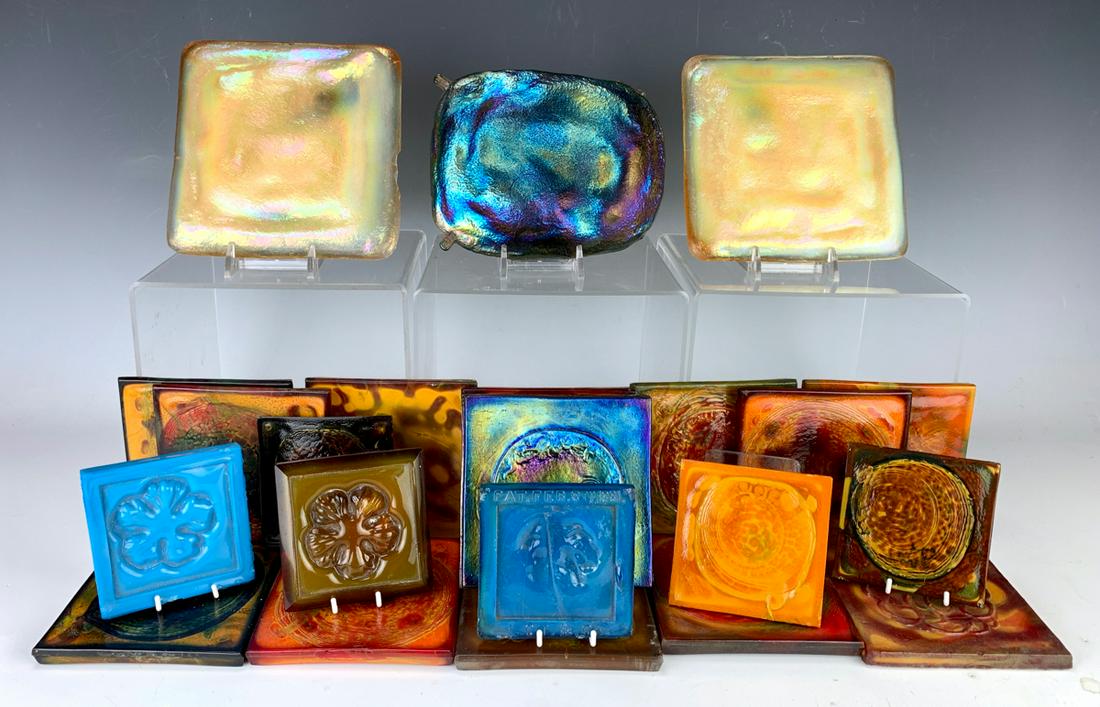 Collection of 21 Tiffany Studio Tiles: Great collection of Tiffany Tiles, 3 turtle backs (1 cracked), 13 - 4" x 4" tiles and 6 - 3" x 3" tiles, only one is signed "L.C.T. & Co. (Pat, Feb 8th 1881)", all tiles are guaranteed by Tiffany, 1 t