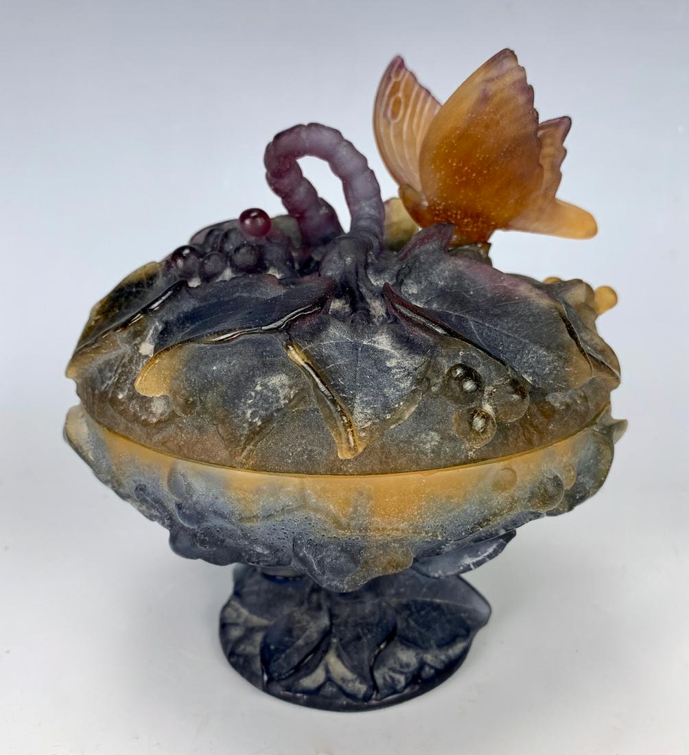 Daum Pate De Verre Lidded "Butterfly" Bowl: Having a daum pate de verre lidded pedestal bowl with grape clusters on top and a butterfly perched on the lid, etched "Daum France" on bottom, very good condition, butterfly has been reattached, 5.5"