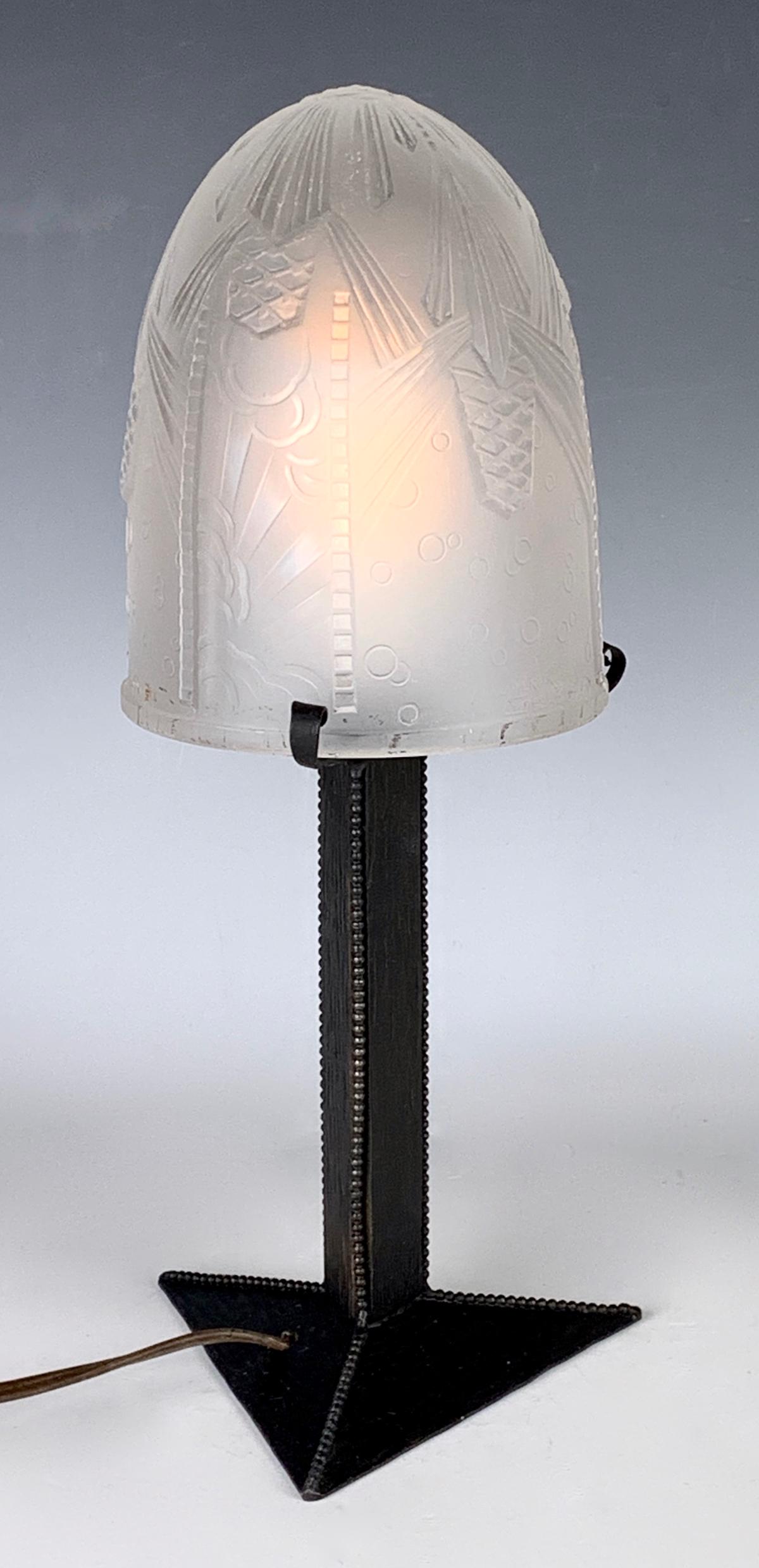 Signed Muller Freres Art Deco Boudoir Lamp: Great original art deco frosted boudoir lamp, signed "Muller Freres Luneville", shade is clear frosted with raised relief decorations in the art deco design,, shade is signed with raised mark "Muller