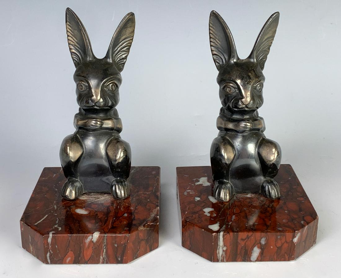 Signed H. Moreau Silvered Metal Rabbit Bookends: Circa 1920, mounted on reuge marble bases, good condition, 5.5" height