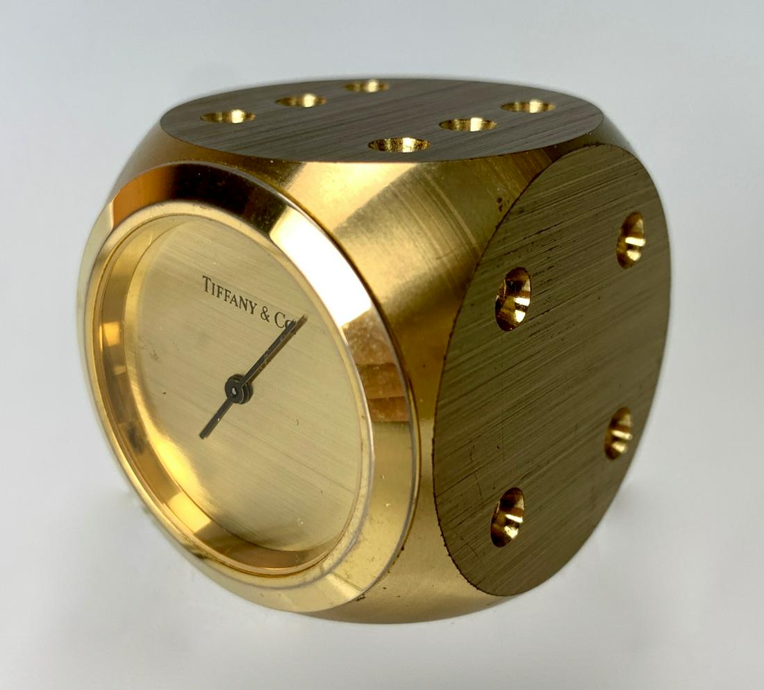 Tiffany & Co. Dice Clock: Tiffany & Co. dice clock, good condition, 1.5" square **Most clocks in running condition at time of auction. Contact us for detailed condition report***Clocks and watches are not guaranteed*