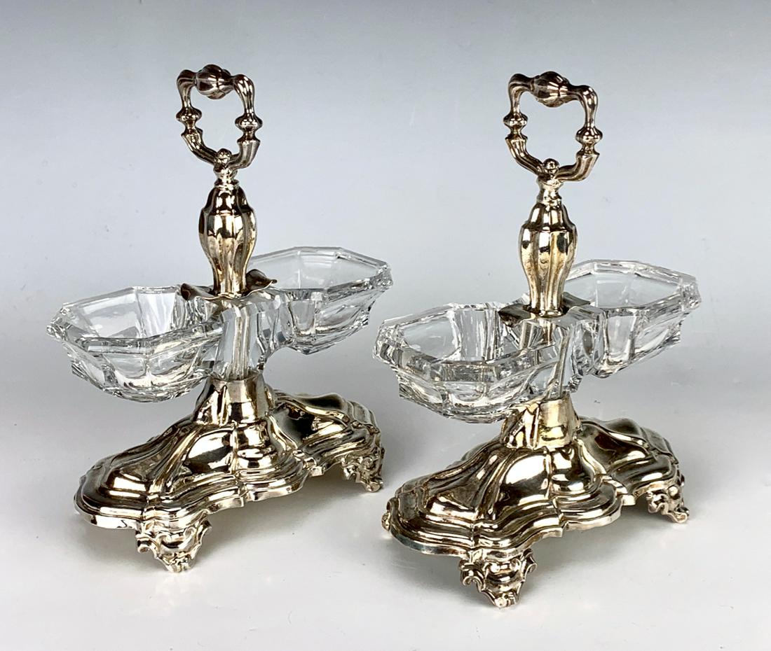 Pair French Sterling & Double Glass Salts C. 1900: Pair of double glass salts with sterling frames, each has Minerva hallmarks and silversmith "Debain Paris" (Alphonse Debain), very good condition, 6.5" x 5"
