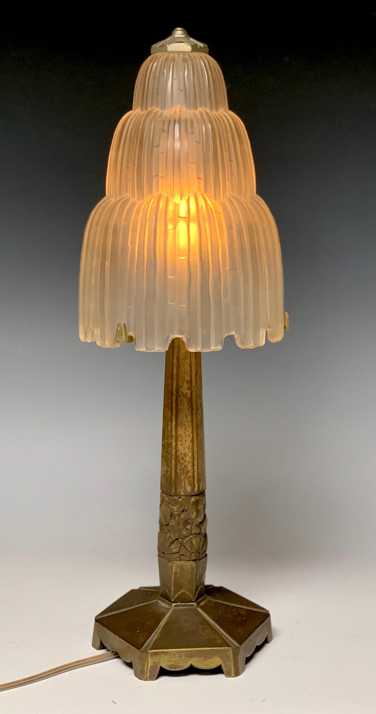 Sabino Art Deco "Water Fountain" Lamp: Circa 1930's, great art deco "Water Fountain" lamp signed "Sabino 4649 Paris France", mounted on a nickel silver deco base, good condition, base has wear commensurate with age, 17.5" height with shade