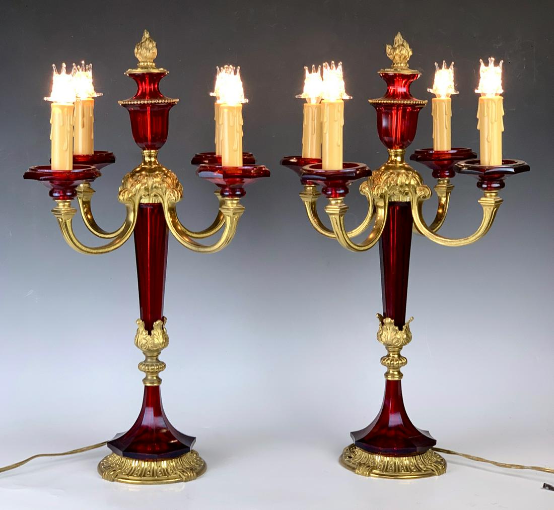 Pair Red Crystal & Dore Bronze 4 Arm Candelabra (1 of 1)