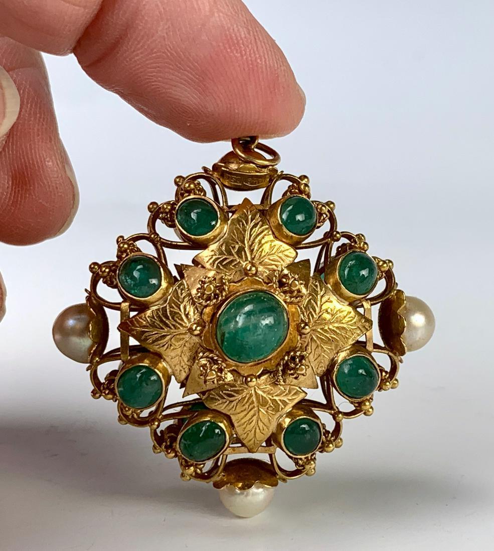 18K Chrysoprase, Pearl Pillow Charm: Having a pillow shaped charm in 18K (tested) with 18 cabochon chrysoprase (?) stones mounted and 3 pearls (6.5mm), center has 4 leaves surrounding center stone 2 7.29mm x 6mm, 16 6mm x 4mm, 3 6mm x 5m