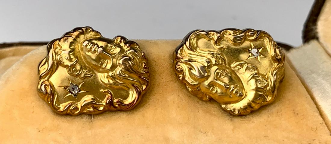 10k Yellow Gold Art Nouveau Cuff Links w/ Diamonds (1 of 3)