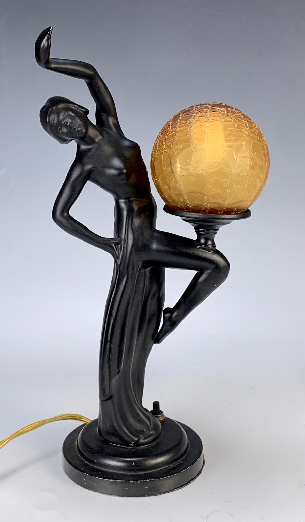 Art Deco Spelter Figural Lamp w/ Orange Shade (1 of 2)