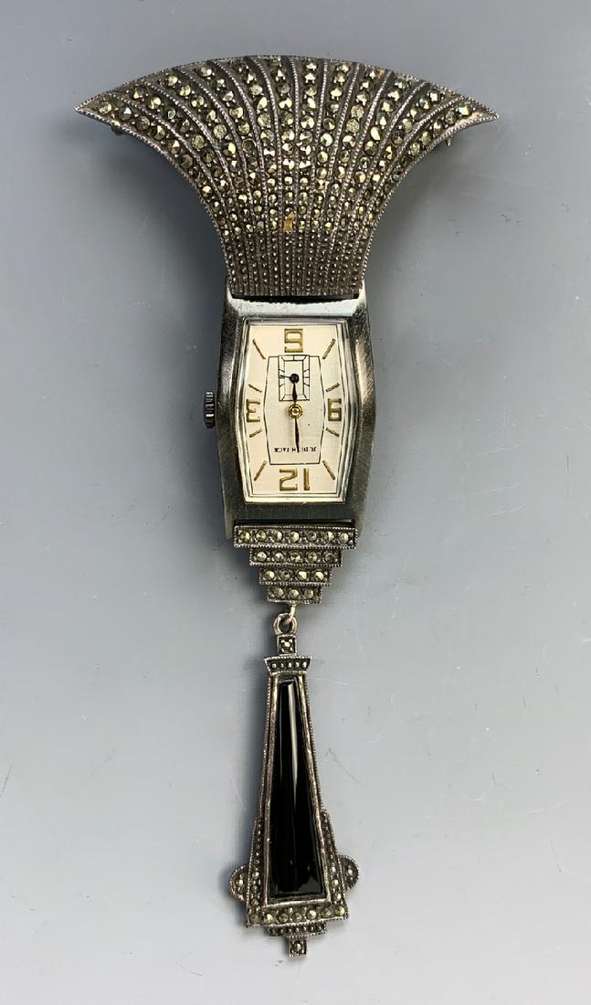 Judith Jack Sterling, Marcasite & Quartz Watch Pin: Judith Jack sterling silver, marcasite and quartz watch pin *Clocks and watches are not guaranteed*