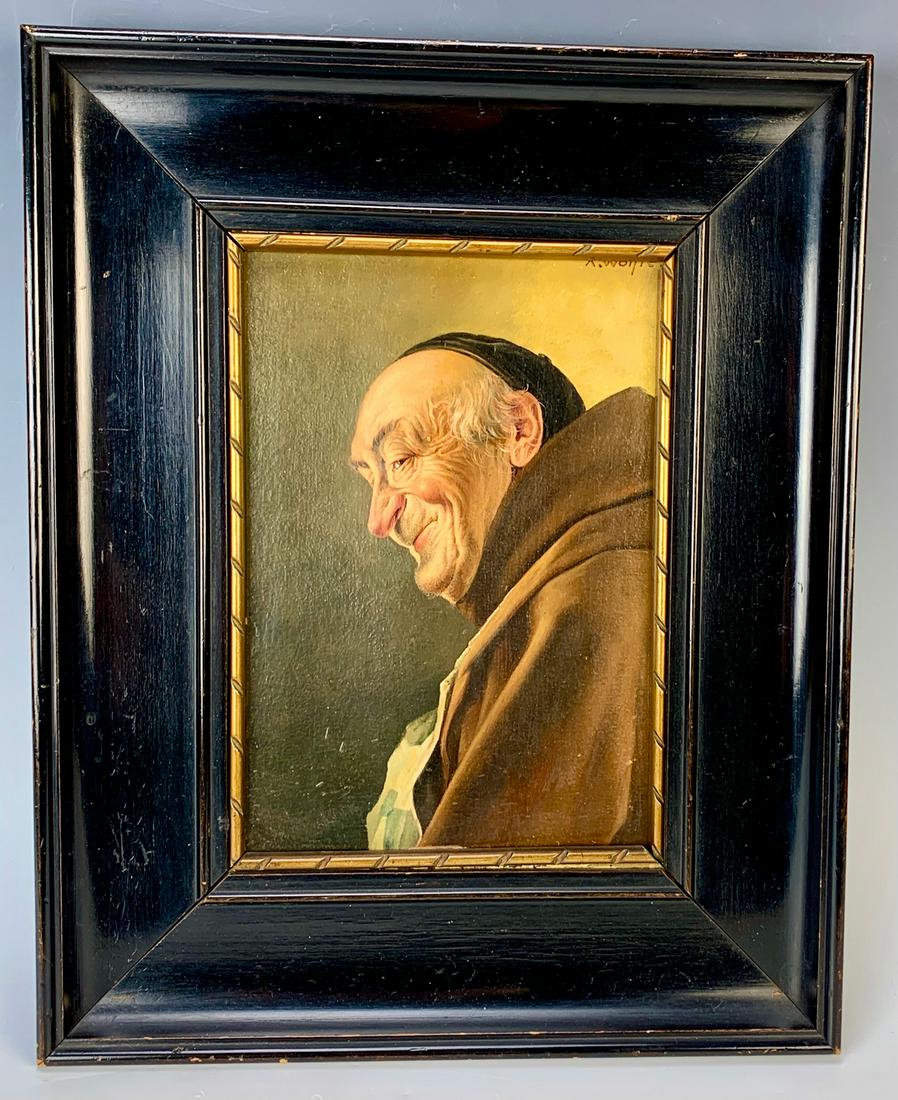 Franz Xavier Wolfe (1887-1972) "Smiling Monk" O/B: Oil painting on board of a smiling monk, signed "XF Wolfe", he was German and known for his miniature portraits, sight part is good condition, outside border has areas of missing paint, 8" x 5.5", 13"