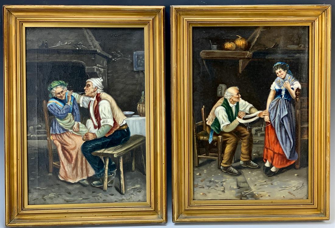 Pair Antique Gendre Paintings "Old Couple" C.1900 (1 of 4)