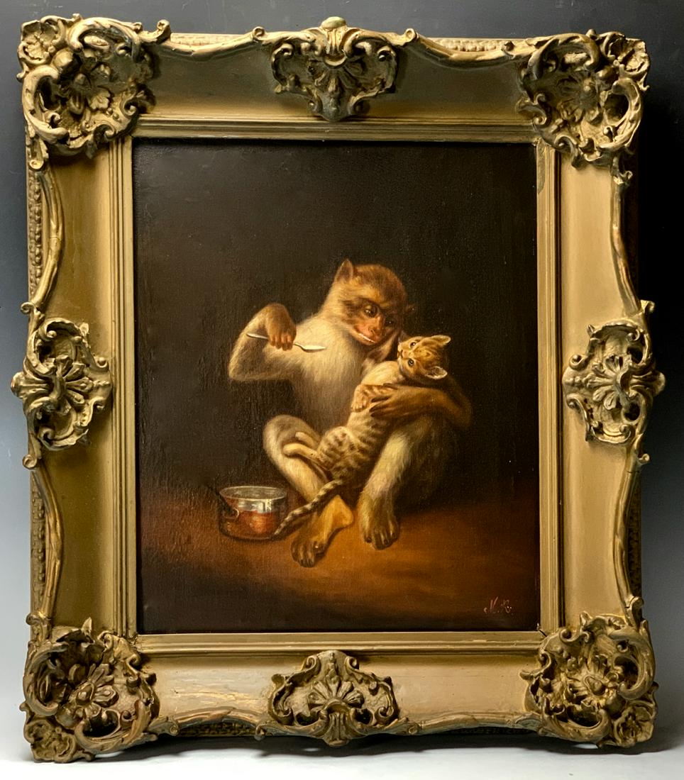 "Monkey Feeding a Cat" Oil on Canvas C.1880 (1 of 3)