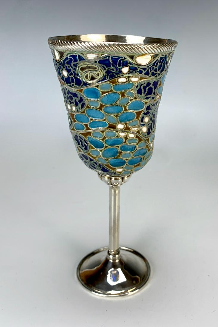 French Plique a Jour Enamel & Silver Wine Cup: Beautiful silver and plique a jour wine cup decorated with geometric designs in blue, brown, white and light blues, good condition, 5.5" height