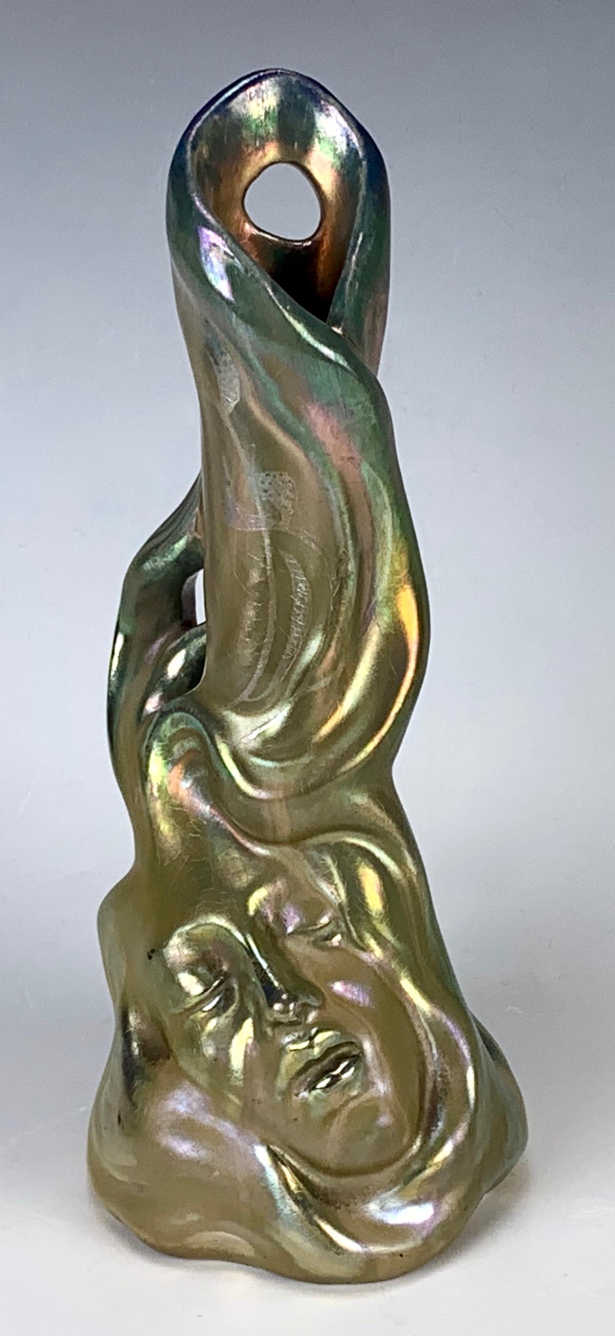 Art Nouveau Vase Signed Massier: Circa 1900, fabulous iridescent art nouveau woman's face vase, French made, hues of gold, green and silver iridescence, signed "DM (Delphin Massier) Vallauris, AM", very good condition, 9" height
