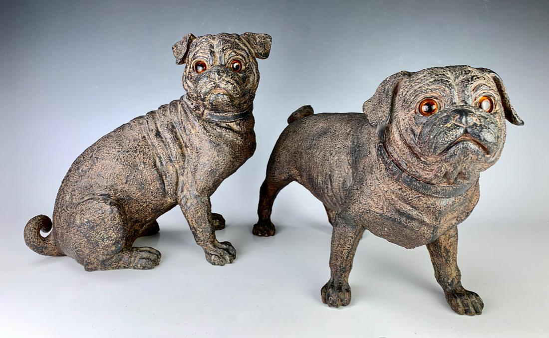 Antique Pair of Terracotta Pug Dogs w/ Glass Eyes (1 of 2)