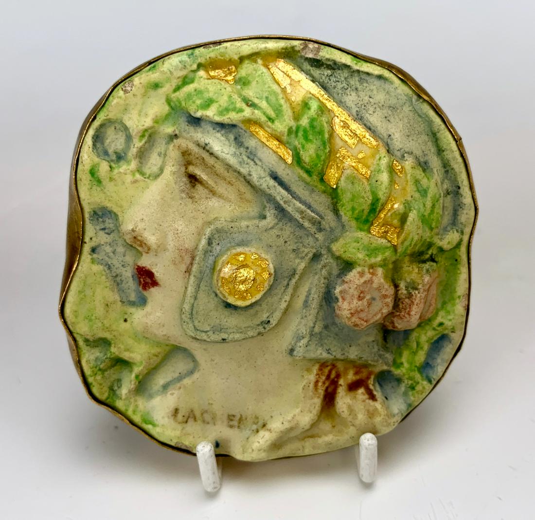 Edmond Lachenal (1855-1948) Rare Pottery Brooch: Circa 1900, unusual rare pottery brooch of a helmet warrior, signed "Lachenal" twice, very good condition, 2.25" x 2.25"