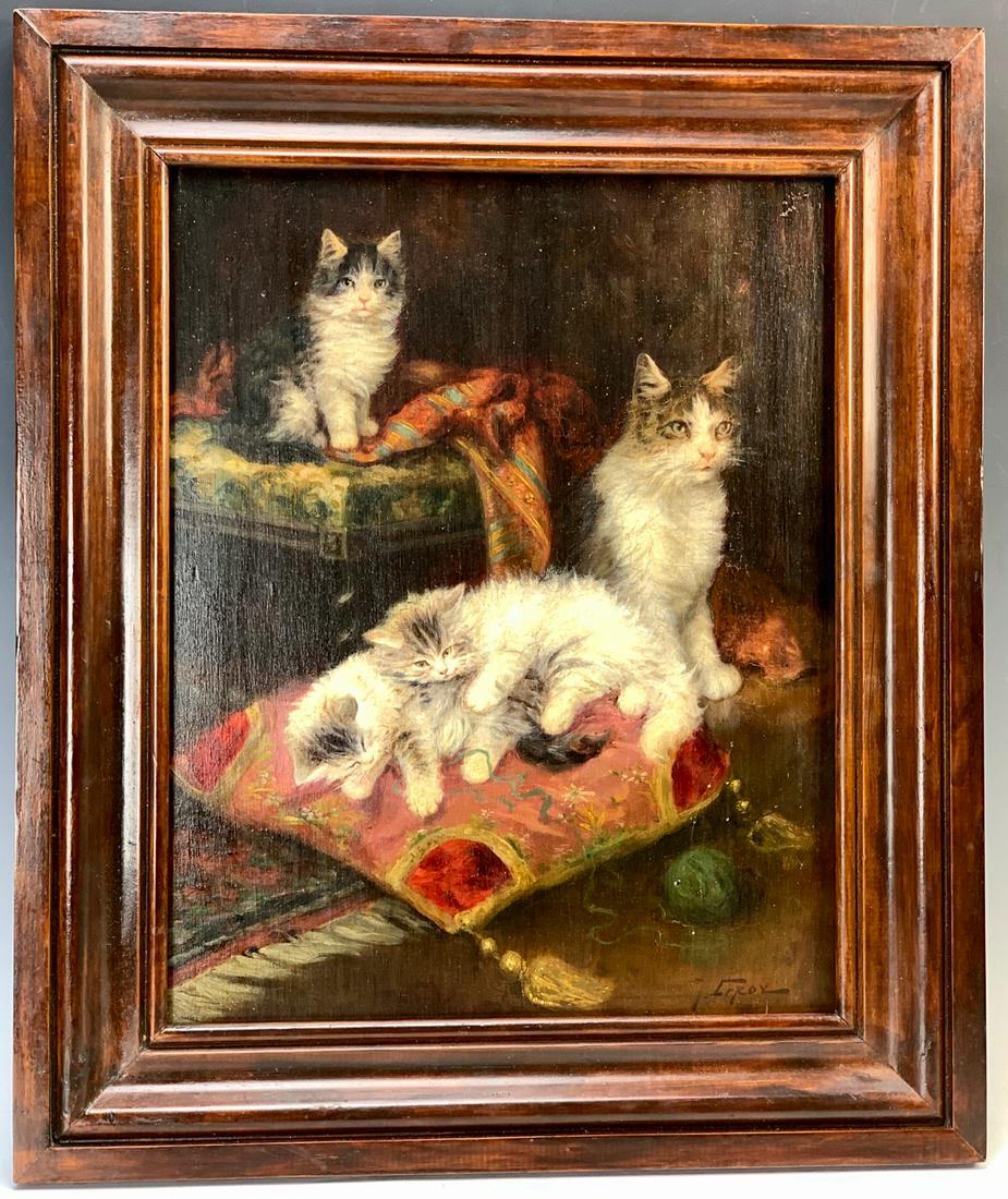 Jules Leroy (1833-1865) "Portrait of 4 Cats": Circa 1900, once again we are offering another wonderful Jules Leroy cat painting depicting 4 cats at rest, it is painted on board, signed on lower right "J. Leroy", munted on a wooden frame, overall 