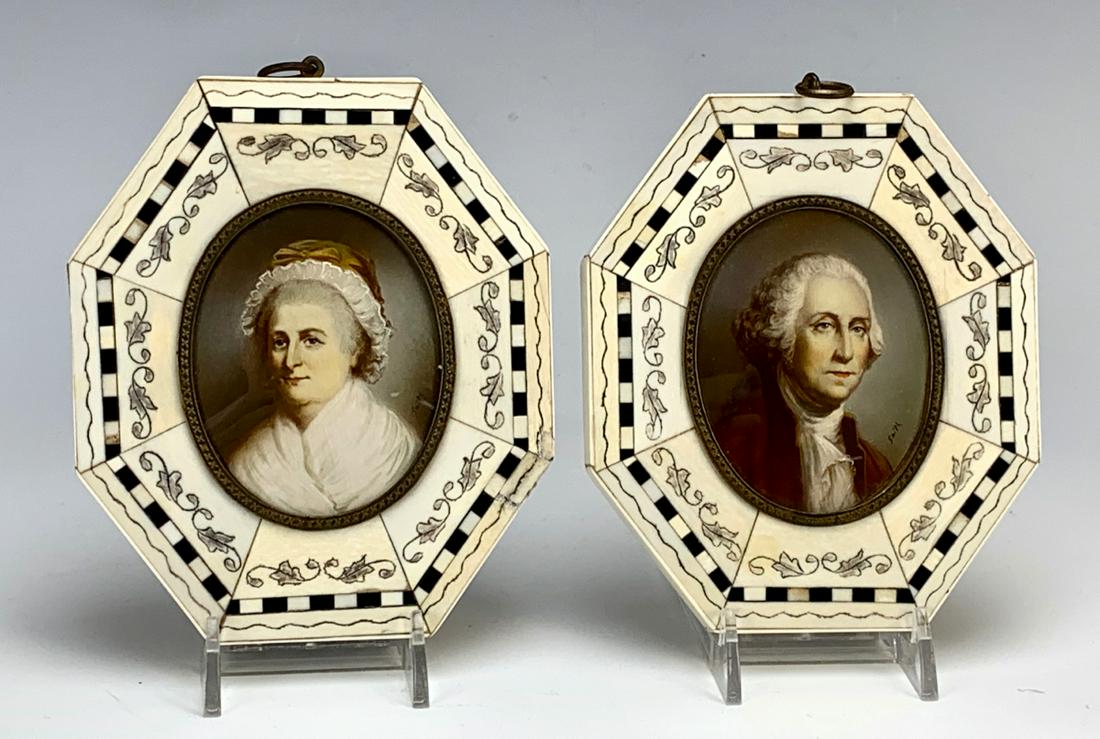 Pair Miniature Portraits of George and Martha: Late 19th century, pair of miniature portraits of George and Martha Washington, hand colored photos signed "Smith", mounted in octagon shaped bone frames, 3" x 2.25", 5" x 4.25" with frame