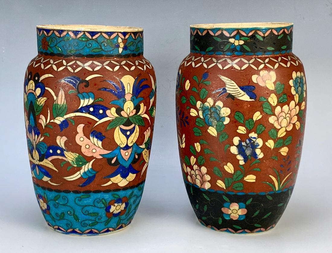 Pair Japanese Ceramic Cloisonne Vases (1 of 3)