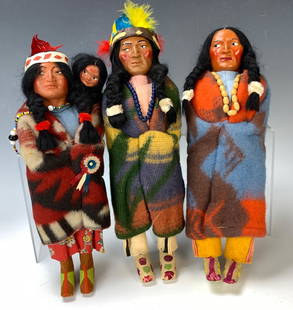 Group of 3 American Indian Skookum Dolls: Group of 3 American Indian Skookum Dolls Female has papoose baby and is marked under foot. Tallest is 11 1/2". Lifetime Collection of Sharon McDowell, Simi Valley, CA , very ood condition.